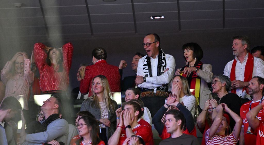 Queen Mary of Denmark reacts as she watches from the stands the Men's EHF Euro 2026 final handball match Denmark vs Germany in Herning, Denmark, on February 1, 2026