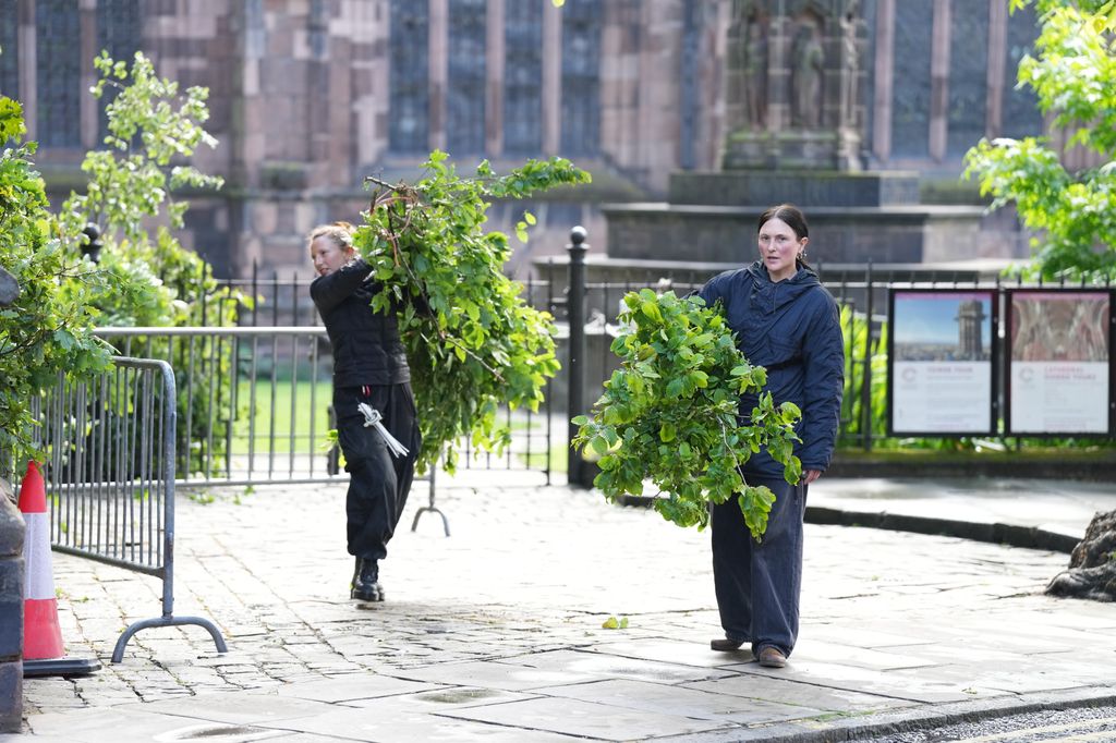 Trees are brought into Chester Cathedral for the wedding of Duke of Westminster