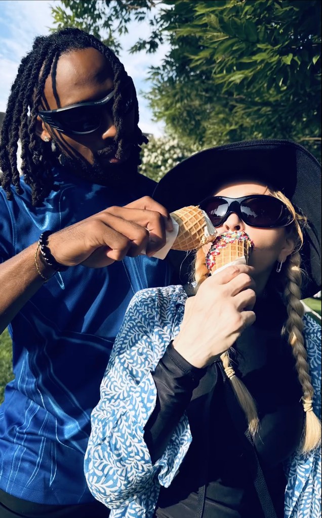 Madonna and her boyfriend Akeem Morris play with their ice cream at their daughters Stella and Estere's 12th birthday party, shared on Instagram