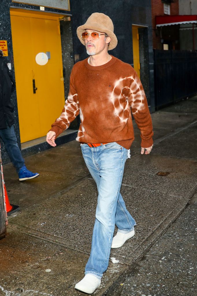 Brad Pitt is seen at the movie set of the 'Wolves' in tie dye