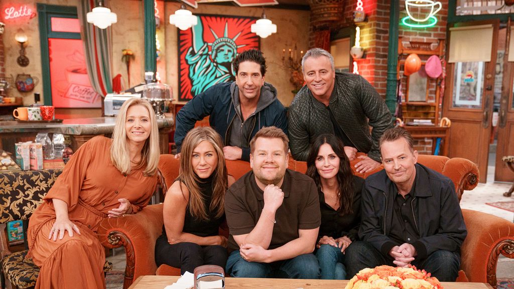Matthew Perry and the Friends cast sitting on set with James Corden
