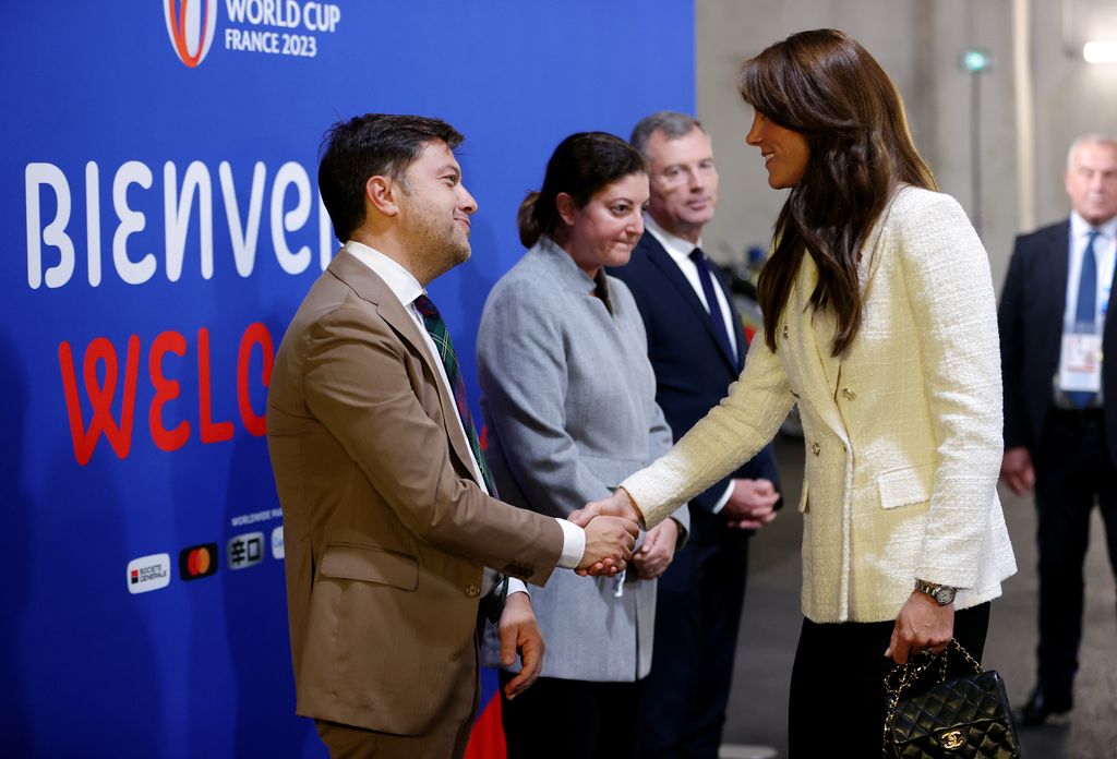 MARSEILLE, FRANCE - OCTOBER 15: Benoit Payan, Mayor of Marseille, shakes hands with Catherine, Princess of Wales and Patron of the England Rugby Football Union (RFU), prior to the Rugby World Cup France 2023 Quarter Final match between England and Fiji at Stade Velodrome on October 15, 2023 in Marseille, France. (Photo by Michael Steele - World Rugby/World Rugby via Getty Images)