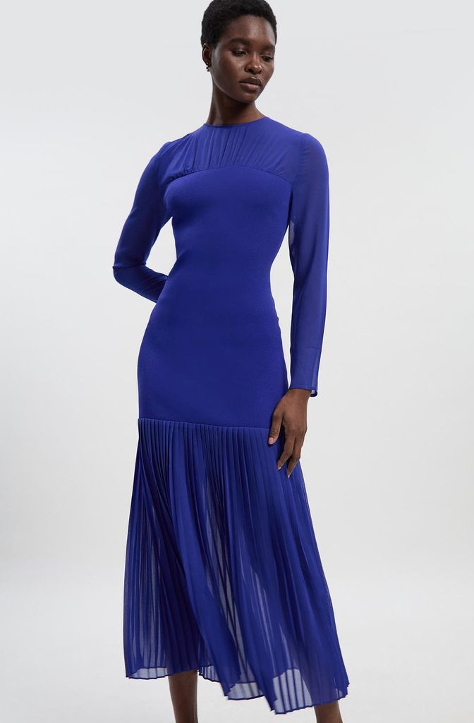 Woven Knit Mix Pleated Midi Dress