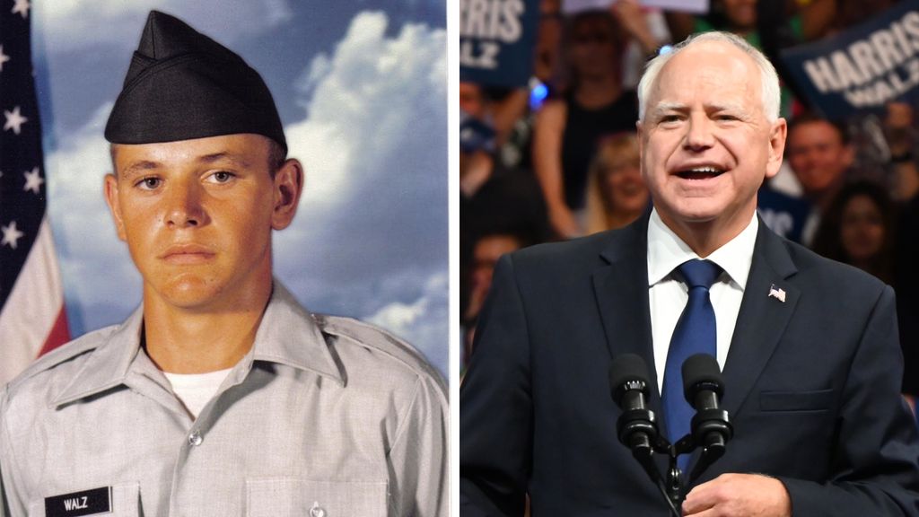 Split image of Tim Walz as a member of the Army National Guard and him during his first rally with Kamala Harris on August 6, 2024