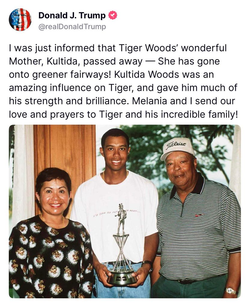 President Donald Trump shares a statement of condolence for Tiger Woods and his family