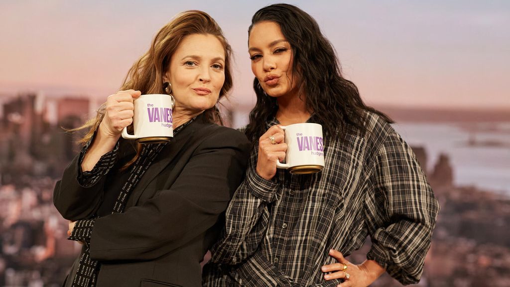 Drew Barrymore and Vanessa Hudgens on the set of Drew's talk show 