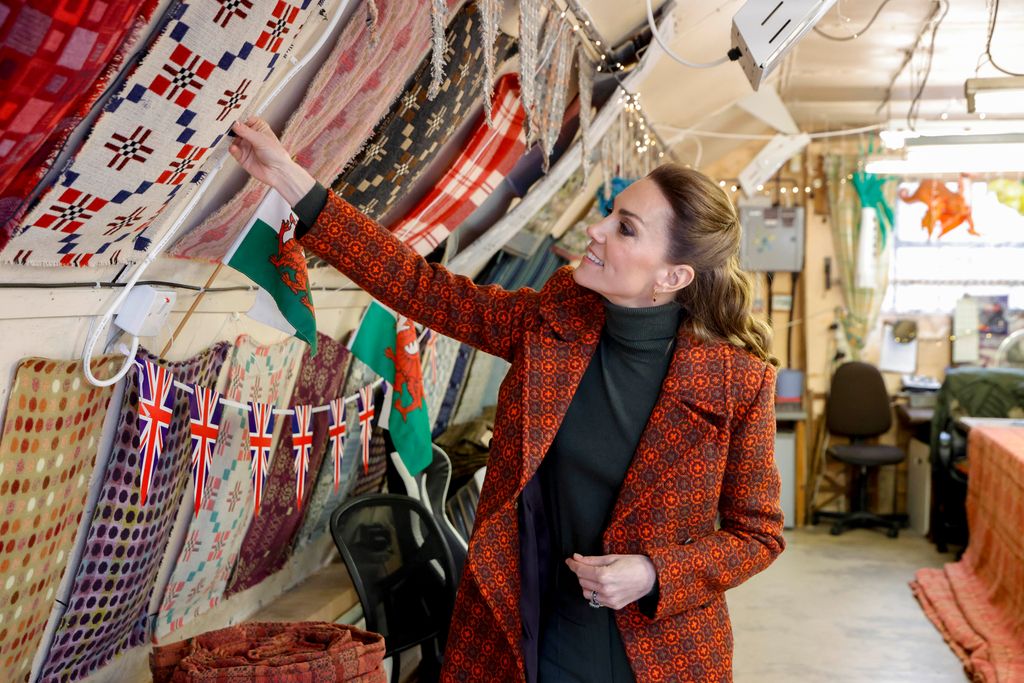 The Princess of Wales during a visit to Melin Tregwynt, a woollen mill weaving traditional Welsh designs in a remote wooded valley on the Pembrokeshire coast on 3 February