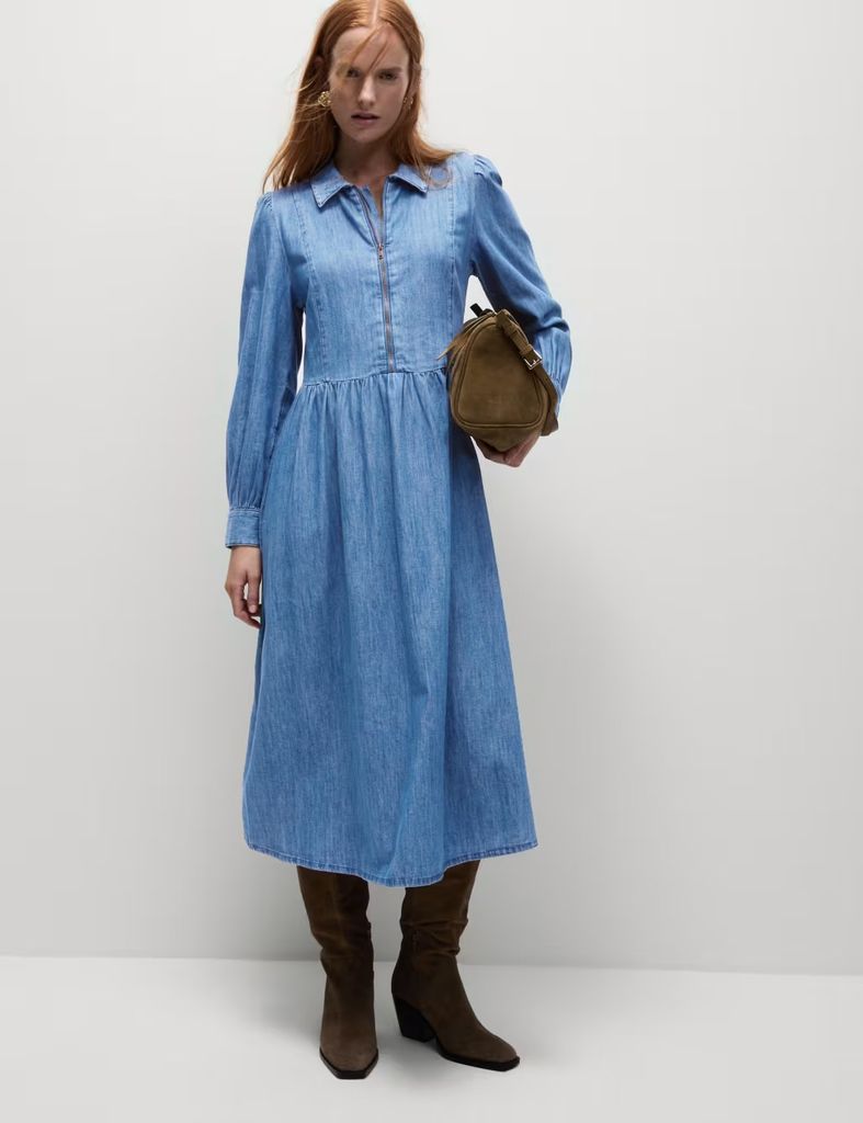 M&S Collection Denim Collared Zip Front Midi Waisted Dress