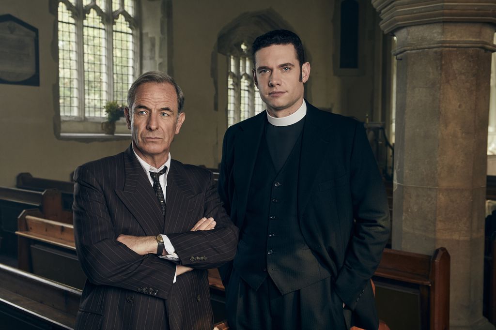 ROBSON GREEN as Geordie Keating and TOM BRITTANY Will Davenport in Grantchester 

