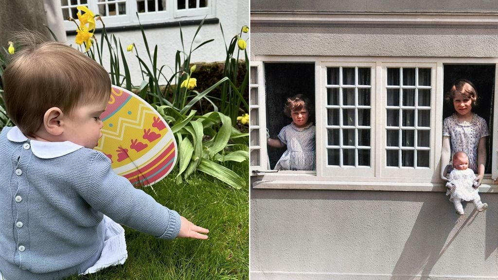 split of Ernest Brooksbank with young Princesses Margaret and Elizabeth in cottage window