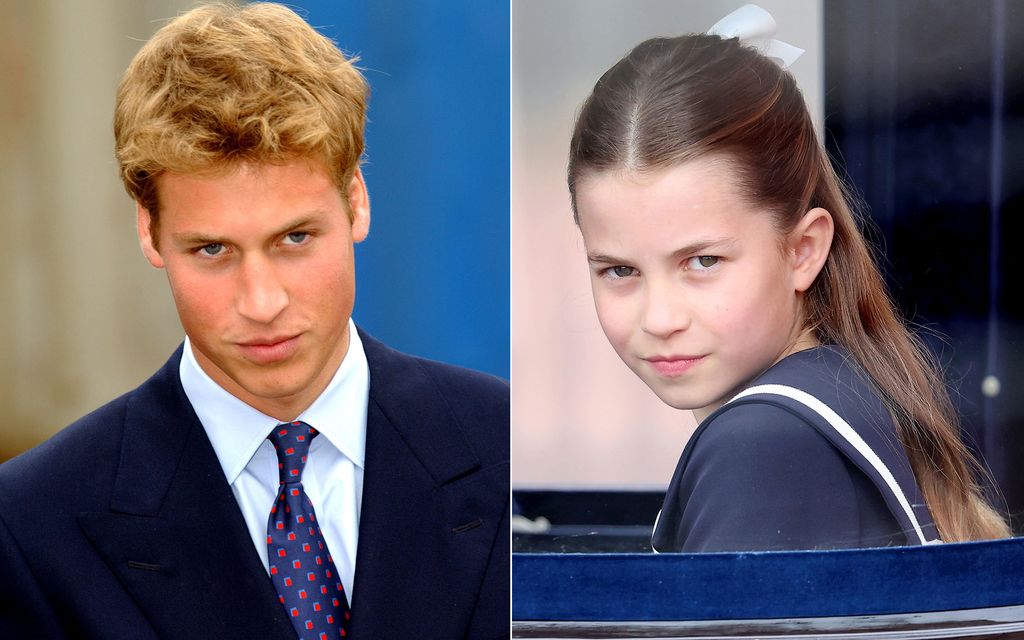 Prince William in 2001 and Princess Charlotte in 2024