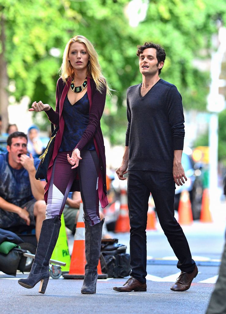 Blake Lively and Penn Badgley filming on location for "Gossip Girl" on August 28, 2012 in New York City