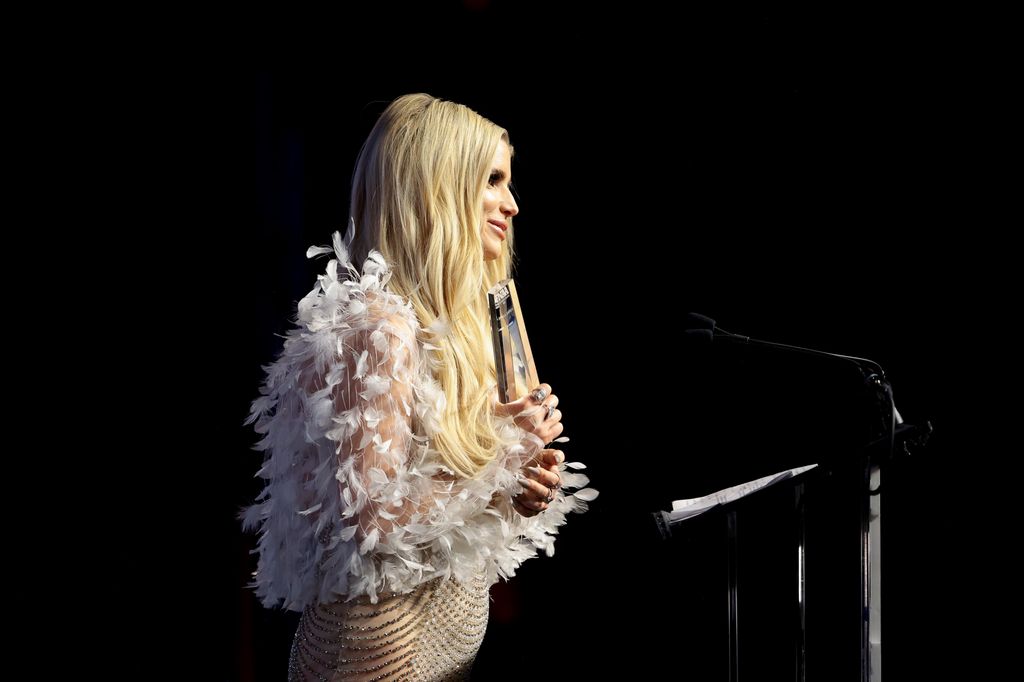 Jessica Simpson accepts the Icon Award onstage during the 2023 Footwear News Achievement Awards at Cipriani South Street on November 29, 2023 in New York City