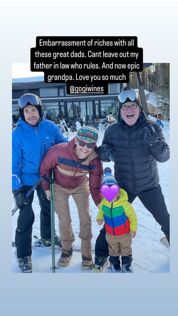 Kurt Russell, Wyatt Russell and one of the latter's sons pose for a photo in the middle of skiing, shared by Meredith Hagner on Instagram Stories