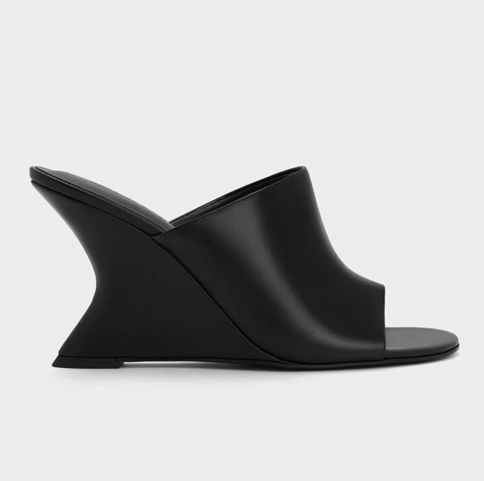 Wide-Strap Sculptural-Heel Wedges - Black