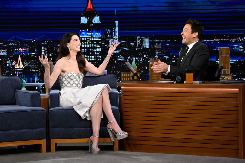 Anne Hathaway on Jimmy Fallon show in white