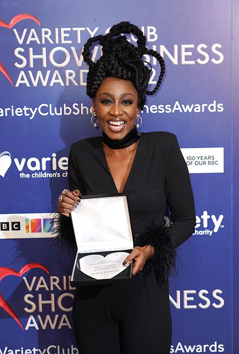 Beverley Knight posing with her award at The Variety Awards