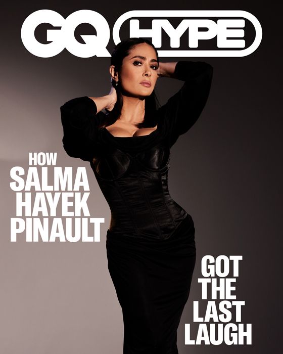 Salma Hayek on the cover of GQ Hyper in a black dress