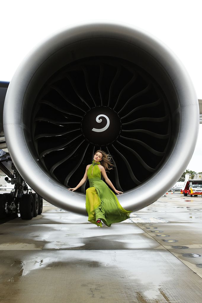 Georgia May Jagger poses inside the engine of a British Airways 777 airliner