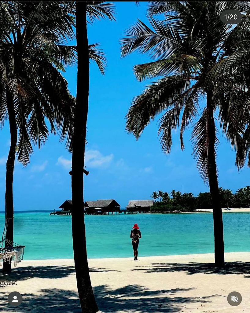 Naomi Campbell poses in a bikini on the beach near her hotel in the Maldives, shared on Instagram
