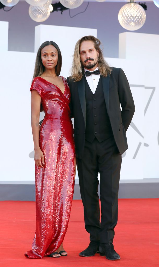 zoe saldana on red carpet with husband Marco Perego 