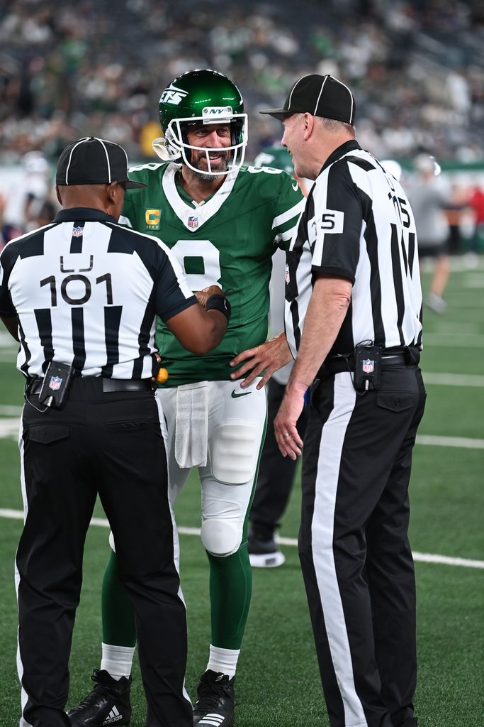 Aaron Rodgers attends the New England Patriots vs. the New York Jets game at Met Life Stadium on September 19, 2024 in East Rutherford, New Jersey