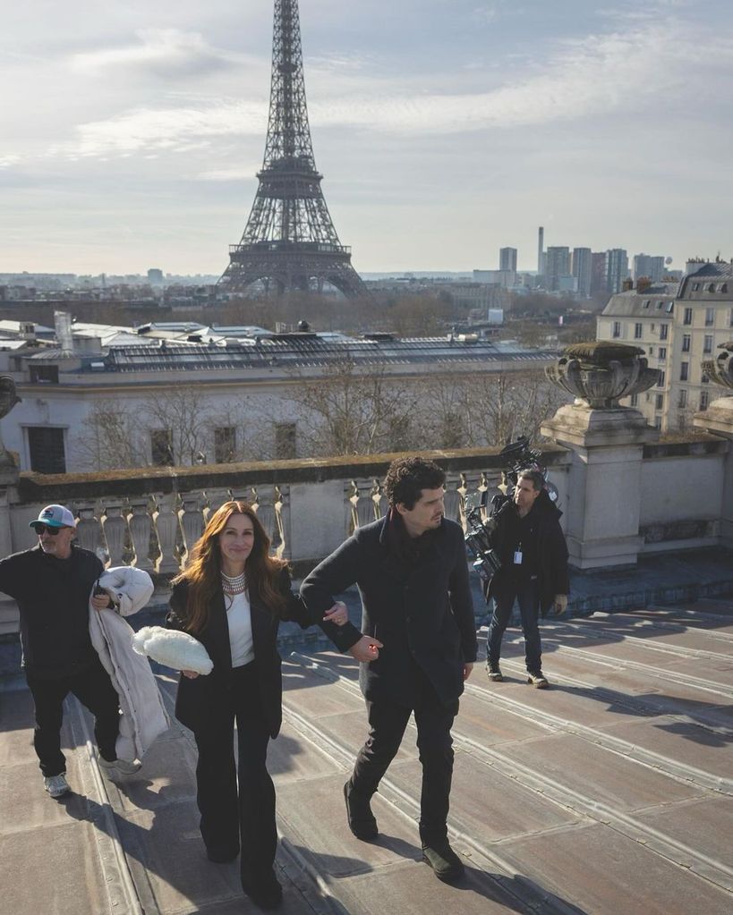 Julia Roberts and Damien Chazelle captured during a behind-the-scenes moment while filming Lancôme's newest commercial, shared on Instagram