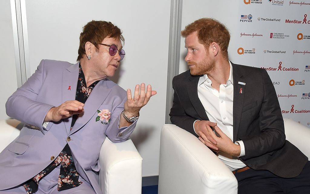 Sir Elton John and Prince Harry, Duke of Sussex attend the Launch of the Menstar Coalition To Promote HIV Testing & Treatment of Men on July 24, 2018