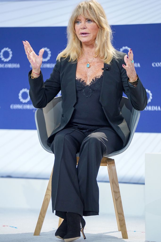 Goldie Hawn, actress and Founder of MindUP and The Goldie Hawn Foundation, speaks on stage during The 2022 Concordia Annual Summit - Day 2 at Sheraton New York on September 20, 2022 in New York City.