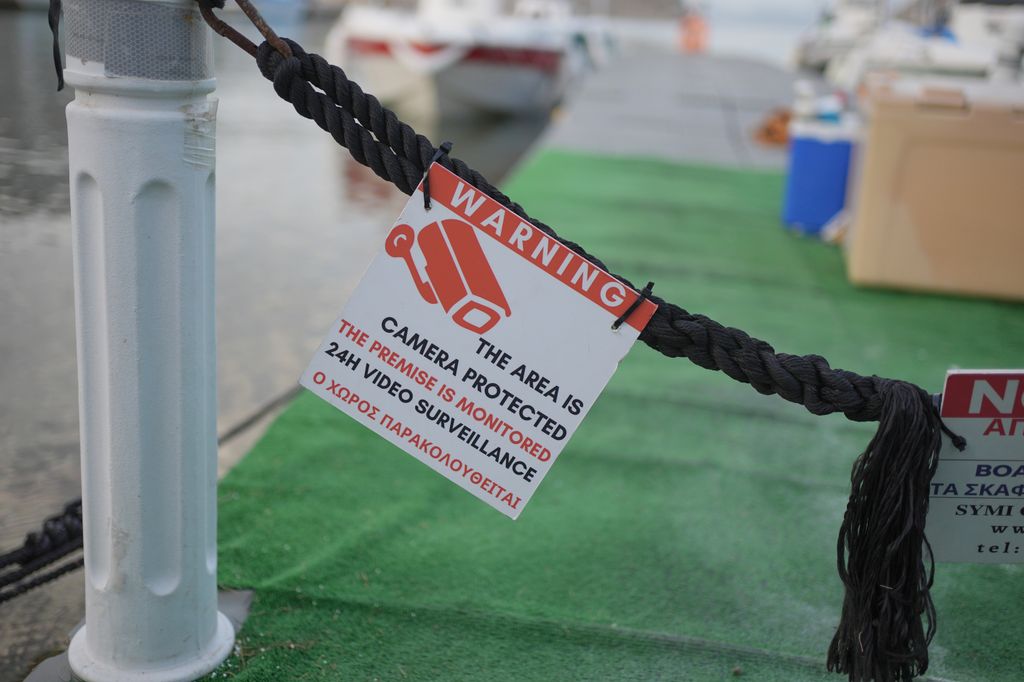 A CCTV sign on a jet boat in the Pedi district of Symi, Greece, where a search and rescue operation is under way for TV doctor and columnist Michael Mosley 