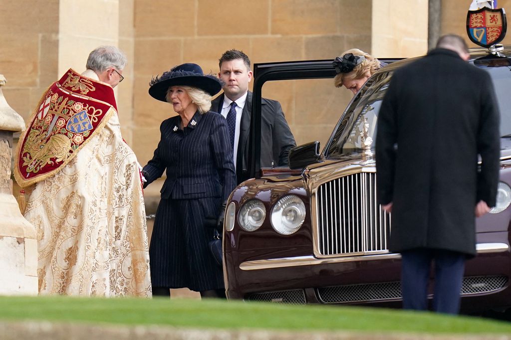 Britain's Queen Camilla arrives to attend a thanksgiving service for the life of King Constantine of the Hellenes