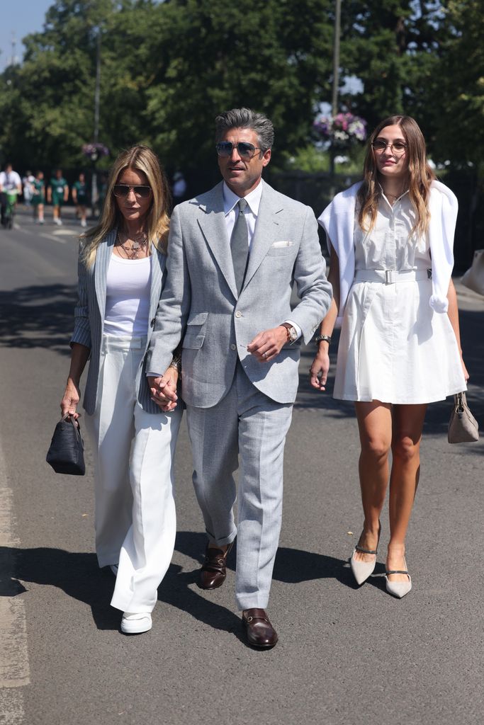 Patrick Dempsey arrives at day fourteen of the Wimbledon Tennis Championships at the All England Lawn Tennis and Croquet Club on July 13, 2025 in London, England