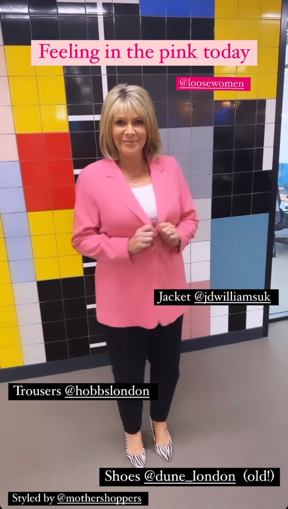 Ruth Langsford wearing a pink blazer and her favourite flattering Hobbs trousers