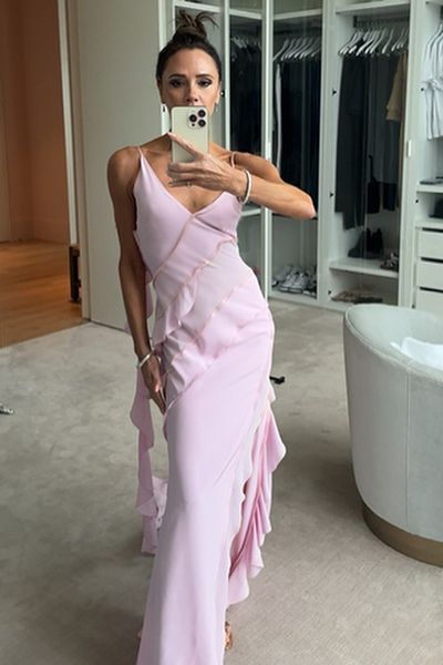 Victoria Beckham In Pink Ruffle Maxi Dress