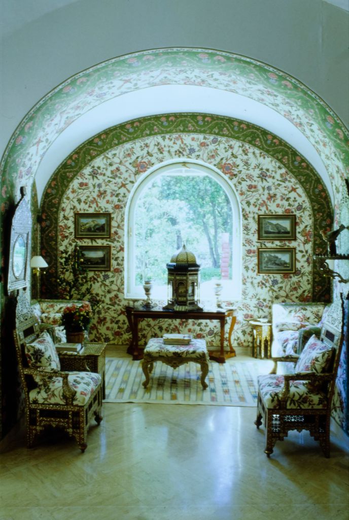 House & Garden, June 1991 - Alcove with floral wall paper and pearl inlaid Moroccan furniture in the Capri villa of designer Valentino Garavani. (Oberto Gili/Conde Nast via Getty Images)