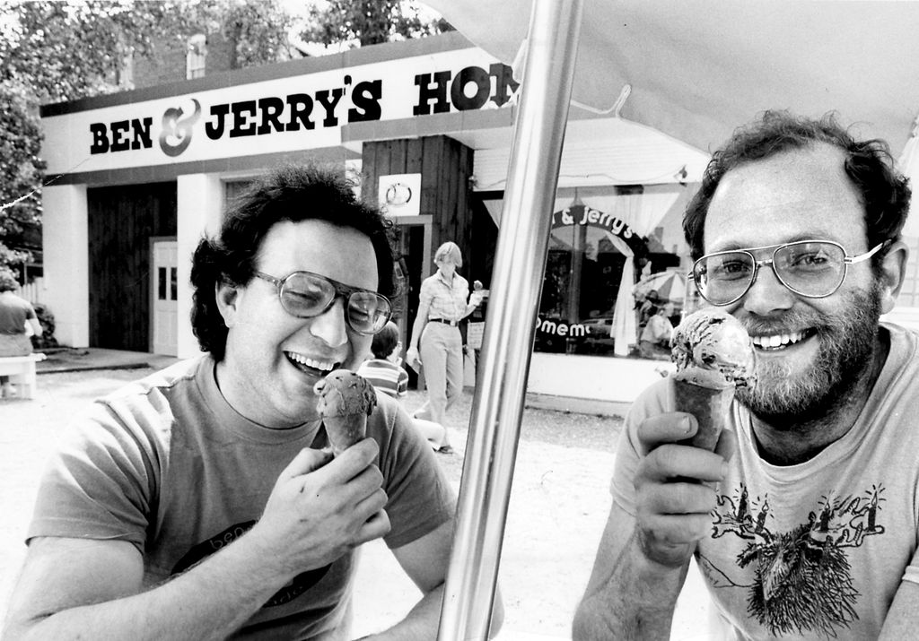 Jerry Greenfield and Ben Cohen, partners of a  homemade ice cream stand, Ben & Jerry's, in Bennington, Vermont, 1980