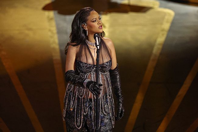 Rihanna on stage at the 2023 Oscars