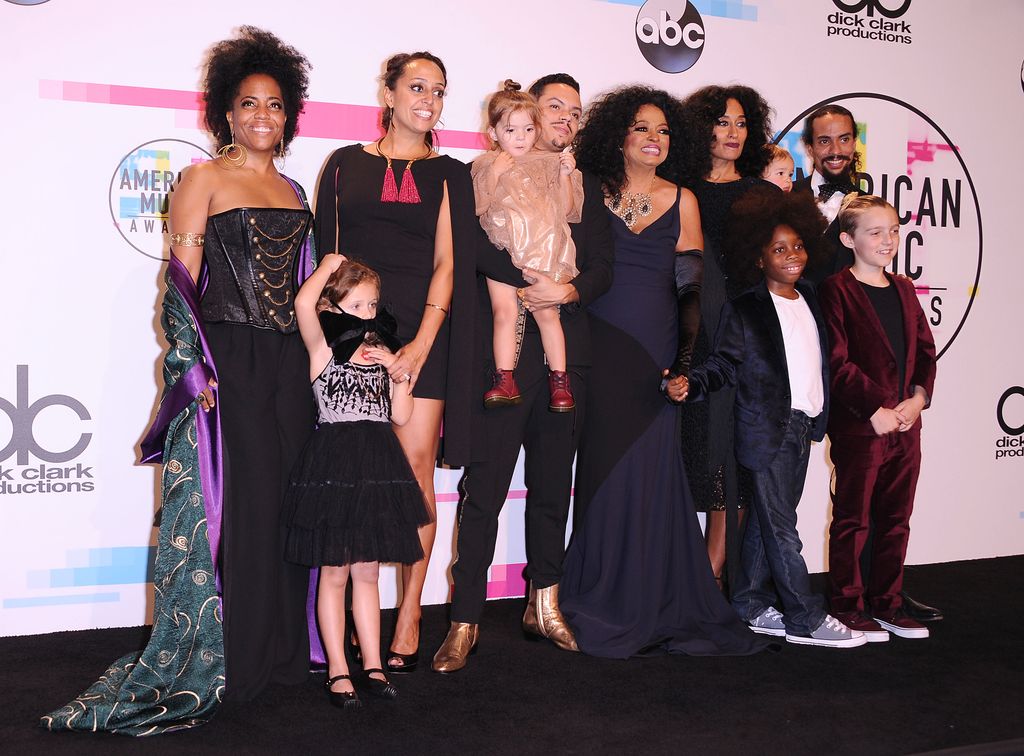Rhonda Ross Kendrick, Evan Ross, Chudney Ross, Diana Ross, Tracee Ellis Ross, and Ross Naess pose in the press room at the 2017 American Music Awards