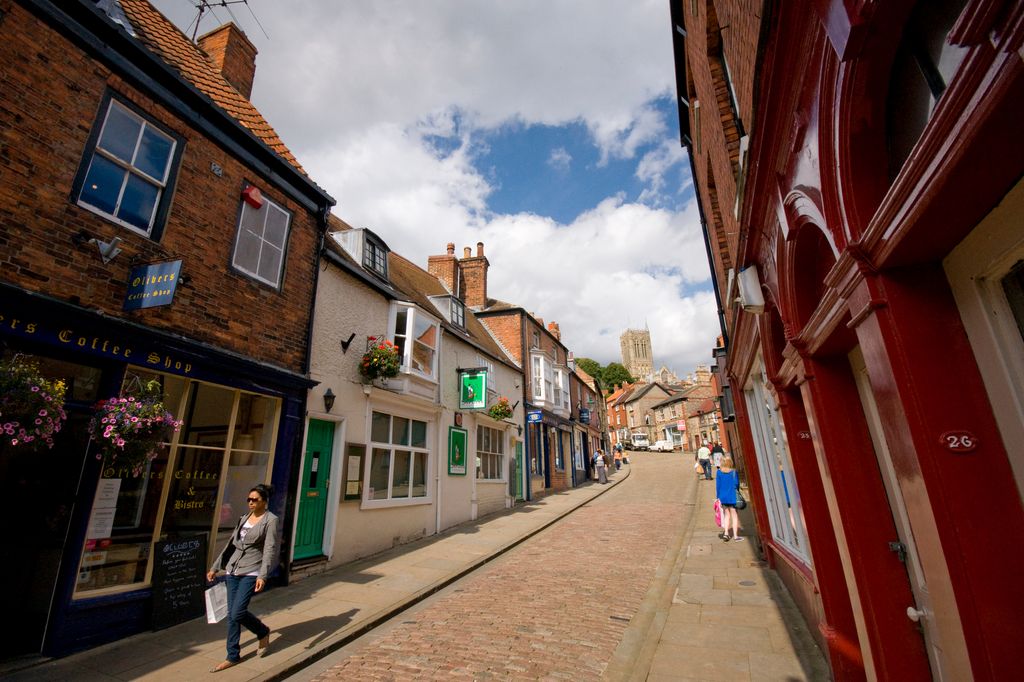 A view of the strait up the hill towards Lincoln, Cathedral