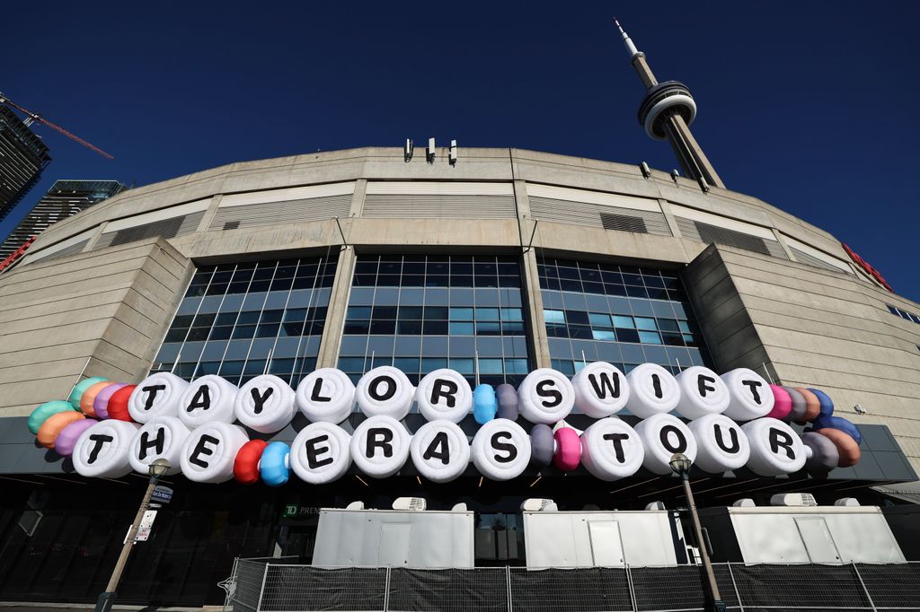 An inflatable friendship bracelet adorns the south  side of Toronto's Rogers Centre ahead of her first Eras Tour show