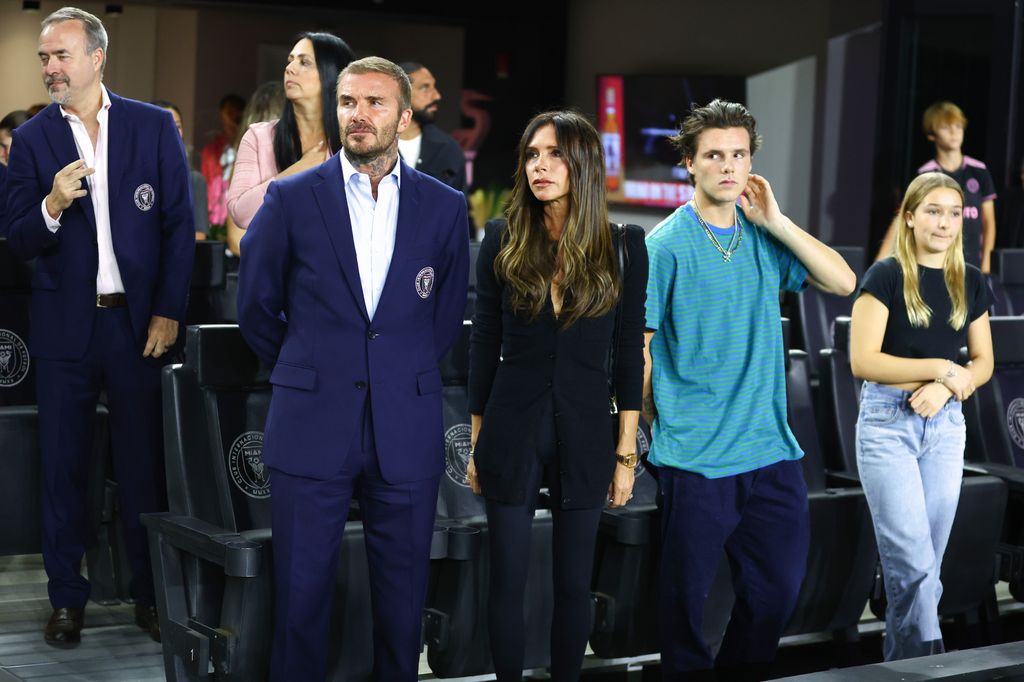 David Beckham of Inter Miami CF and wife Victoria Beckham look on prior to a game between Charlotte FC and Inter Miami at DRV PNK Stadium on October 18, 2023 in Fort Lauderdale, Florida. (Photo by Megan Briggs/Getty Images)