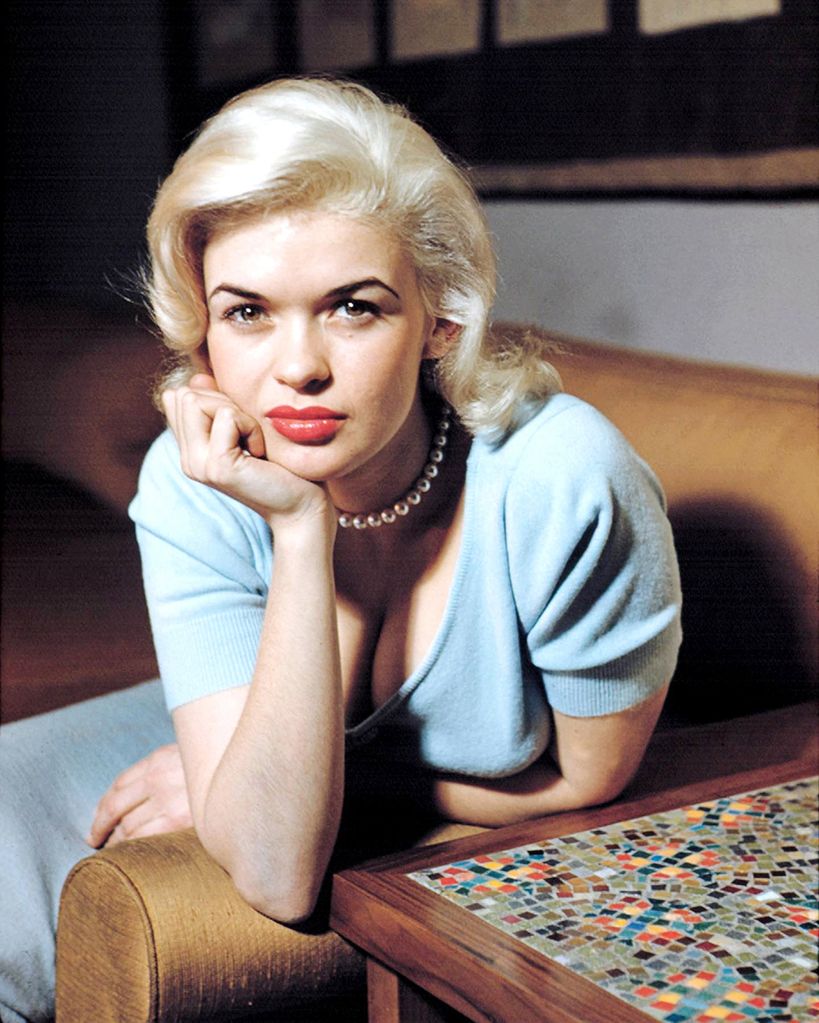 Jayne Mansfield pictured wearing a blue dress