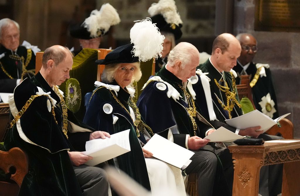 Prince Edward, Queen Camilla, King Charles and Prince William attend the Order of the Thistle Service at St Giles' Cathedral