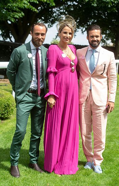 vogue williams shows off baby bump at epsom races with james middleton and spencer matthews