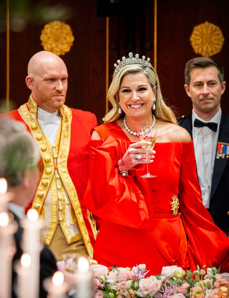 Queen Maxima of The Netherlands during a state banquet in honour of French President Emmanuel Macron and his wife Brigitte Macron 