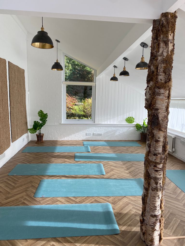 yoga studio with blue mats and wooden floor