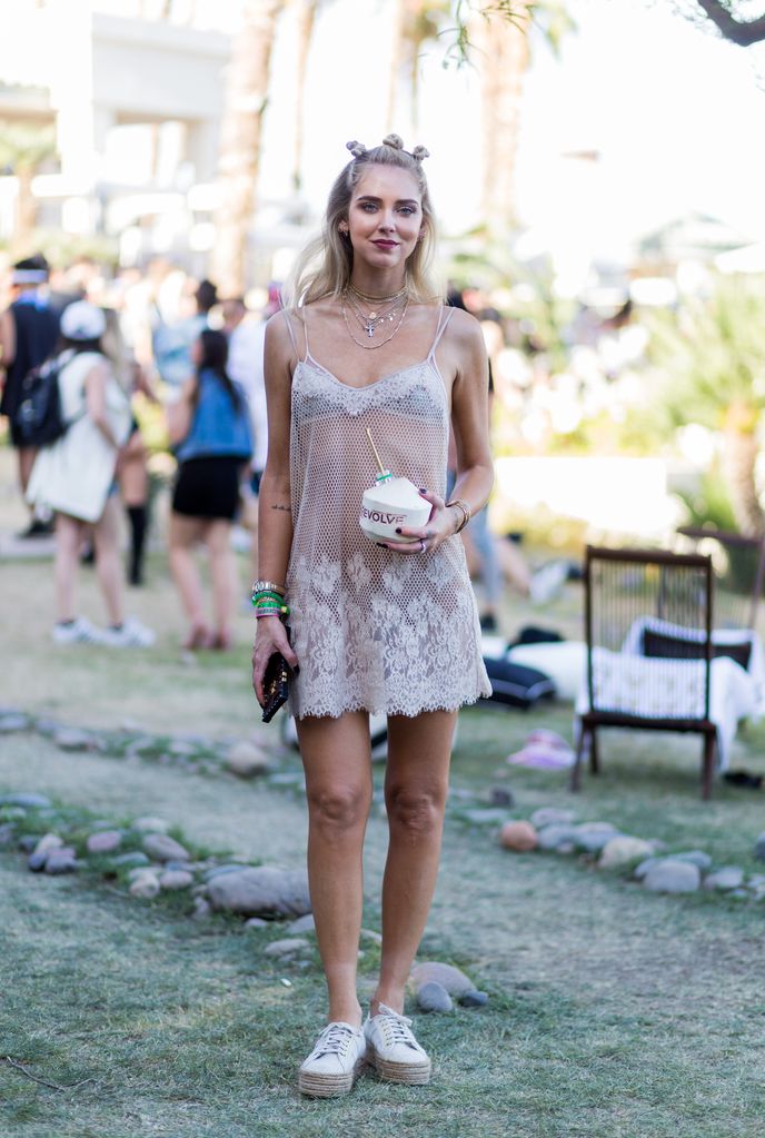 INDIO, CA - APRIL 16: Chiara Ferragni wearing a sheer dress at the Revovle Festival during day 3 of the 2017 Coachella Valley Music & Arts Festival Weekend 1 on April 16, 2017 in Indio, California. (Photo by Christian Vierig/GC Images)