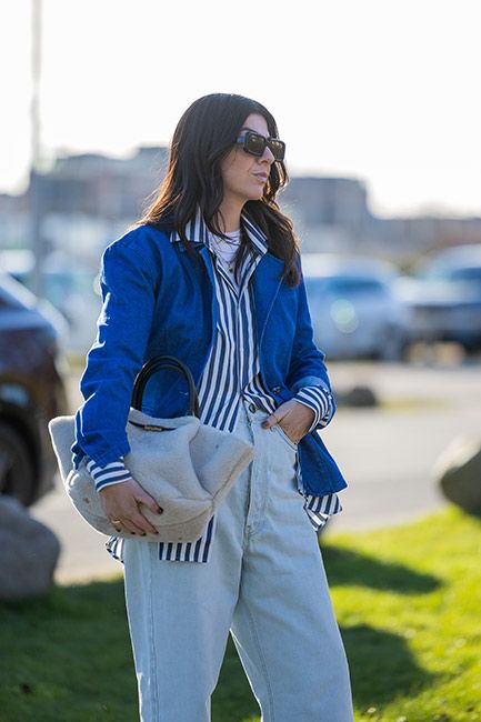 street style blue and white striped shirt