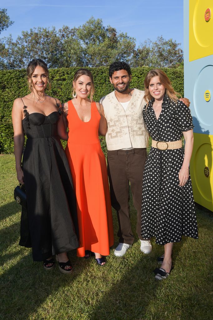 Jessica Alba, Dustee Jenkins, Chief Public Affairs Officer, Spotify, Jay Shetty and Princess Beatrice of York pose