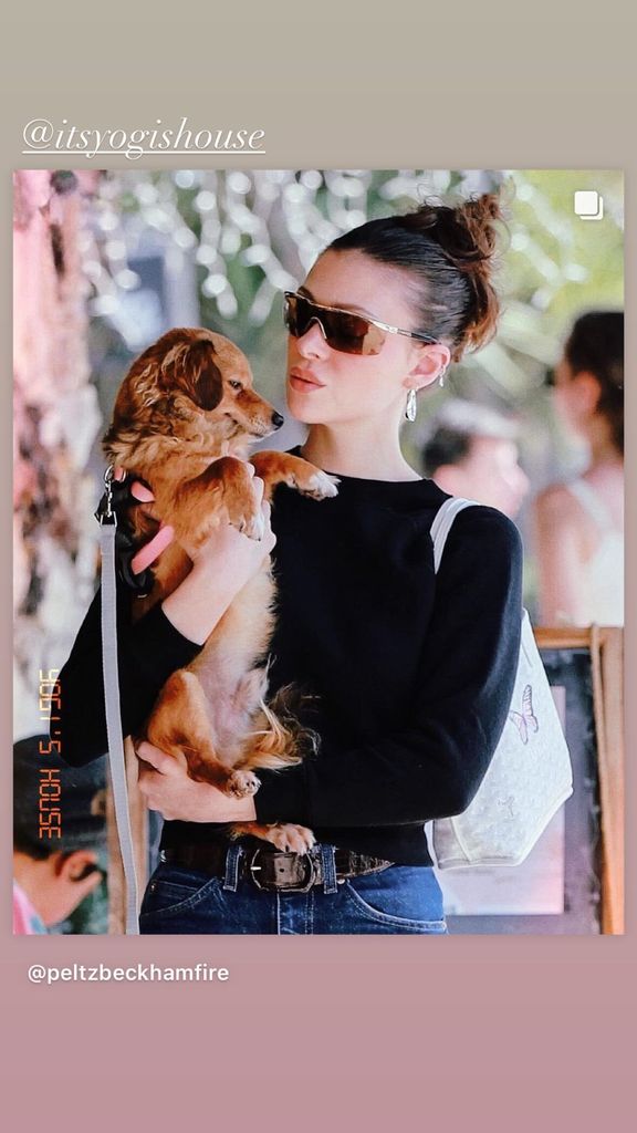 Nicola Beckham holding a dog wearing a black jumper